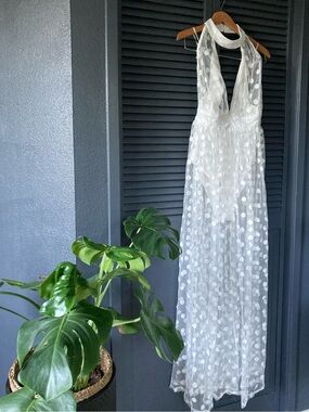 White Polka Dot Mesh Halter Maxi Dress